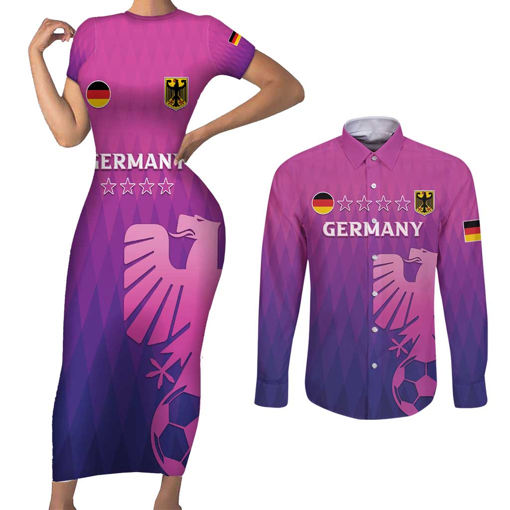 Custom Germany 2024 Football Couples Matching Short Sleeve Bodycon Dress and Long Sleeve Button Shirt Go Champions Nationalelf Pink Version LT05 - Wonder Print Shop