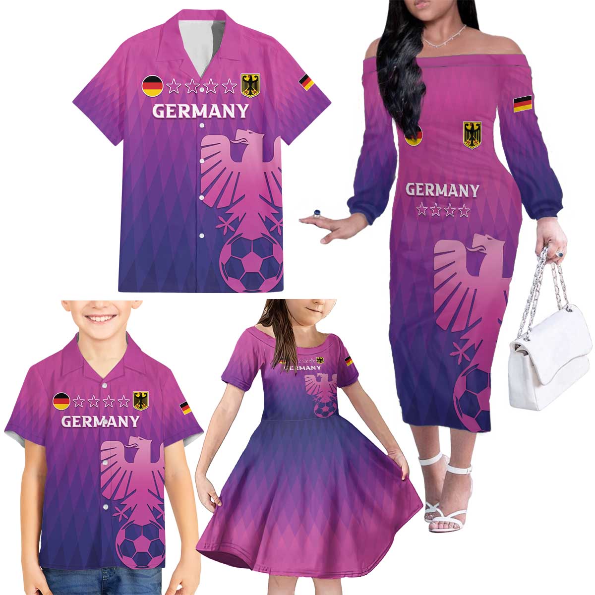 Custom Germany 2024 Football Family Matching Off The Shoulder Long Sleeve Dress and Hawaiian Shirt Go Champions Nationalelf Pink Version LT05 - Wonder Print Shop