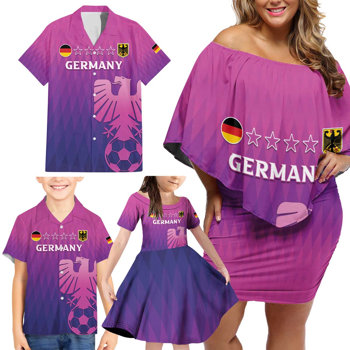 Custom Germany 2024 Football Family Matching Off Shoulder Short Dress and Hawaiian Shirt Go Champions Nationalelf Pink Version LT05 - Wonder Print Shop