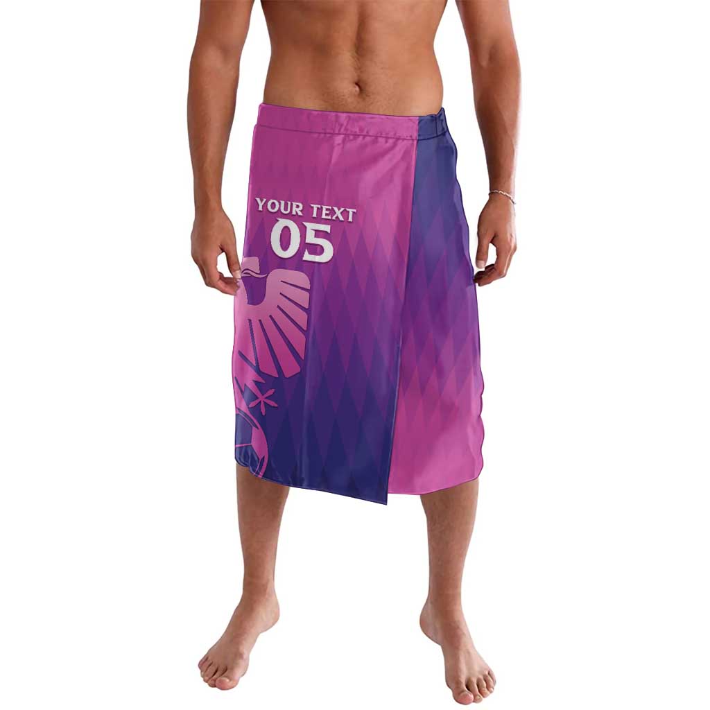 Purple-pink football lavalava shorts with elastic waist and '05' front graphic
