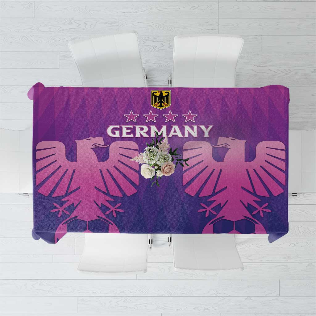 Purple and pink Germany football tablecloth with crest, stars, and floral center panel