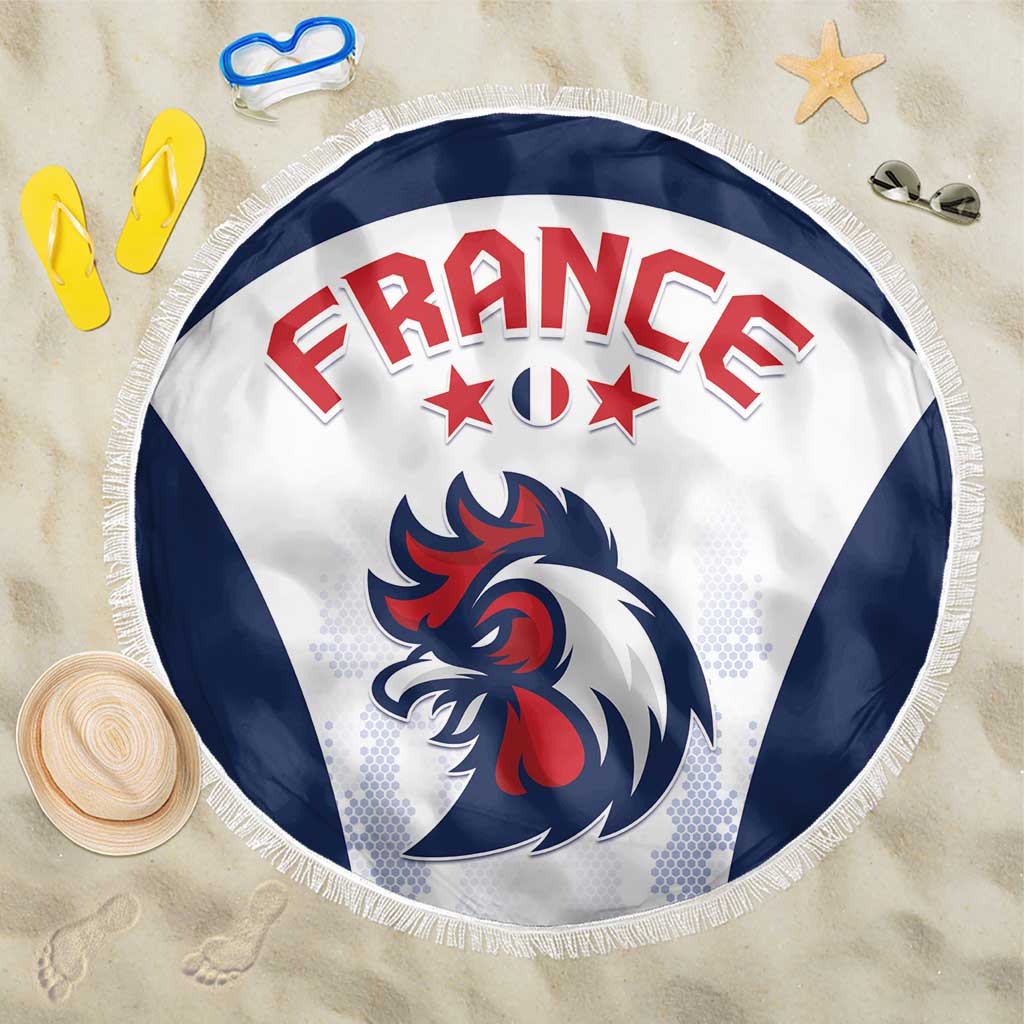 Round France football beach blanket, blue and white with fringe and lion emblem