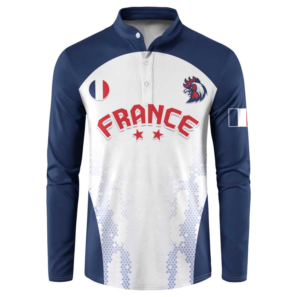 Navy and white France graphic button sweatshirt, long sleeves, short button placket