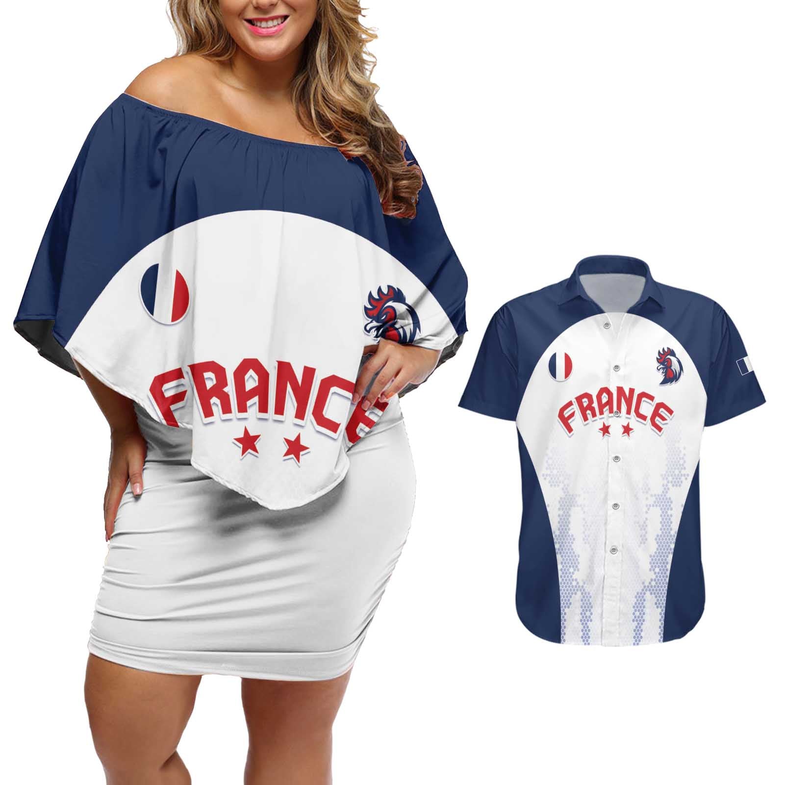 Custom France 2024 Football Couples Matching Off Shoulder Short Dress and Hawaiian Shirt Go Champions Les Bleus LT05 - Wonder Print Shop