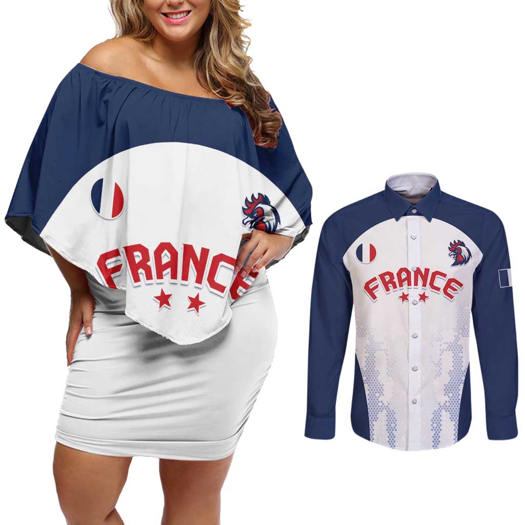 Custom France 2024 Football Couples Matching Off Shoulder Short Dress and Long Sleeve Button Shirt Go Champions Les Bleus LT05 - Wonder Print Shop