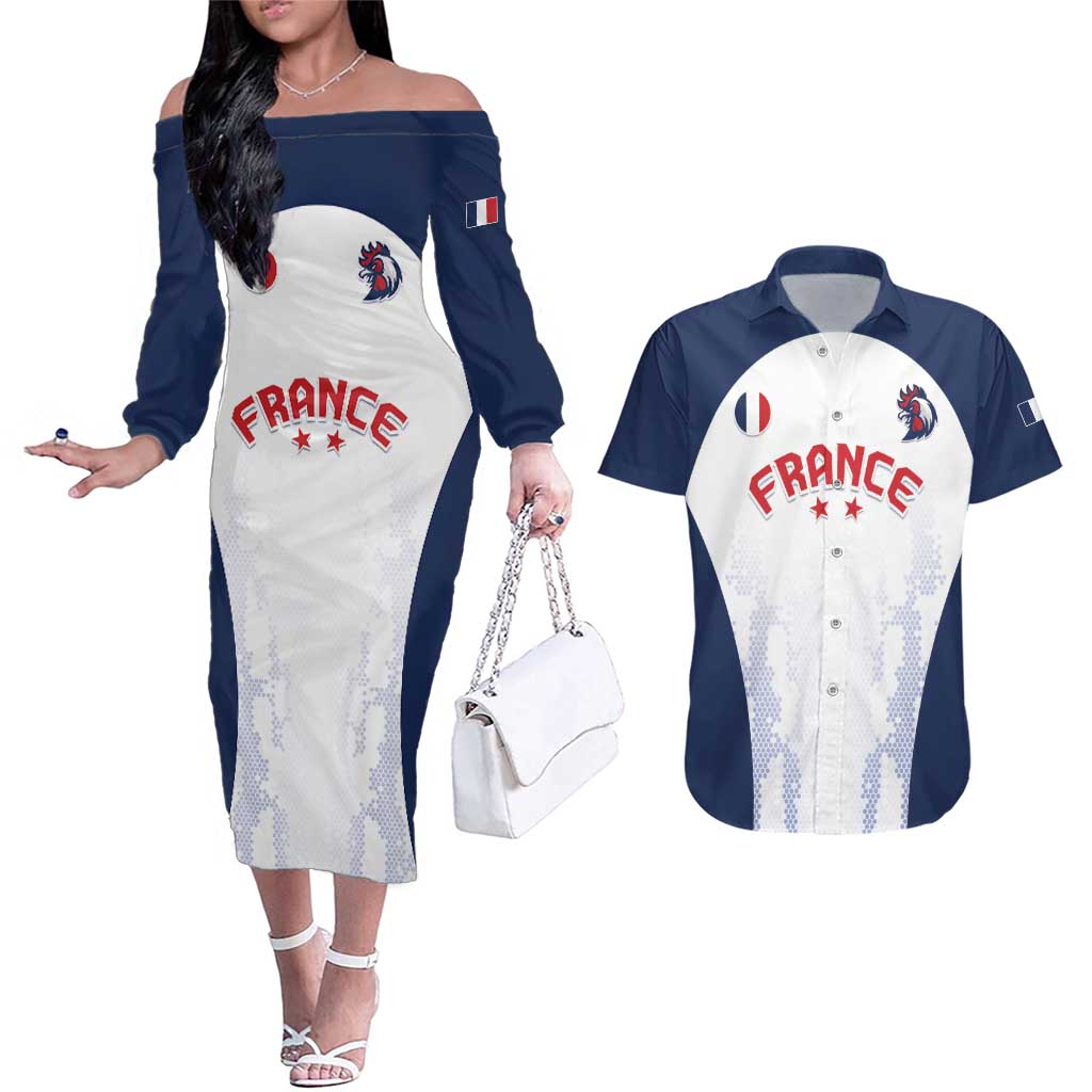 Custom France 2024 Football Couples Matching Off The Shoulder Long Sleeve Dress and Hawaiian Shirt Go Champions Les Bleus LT05 - Wonder Print Shop