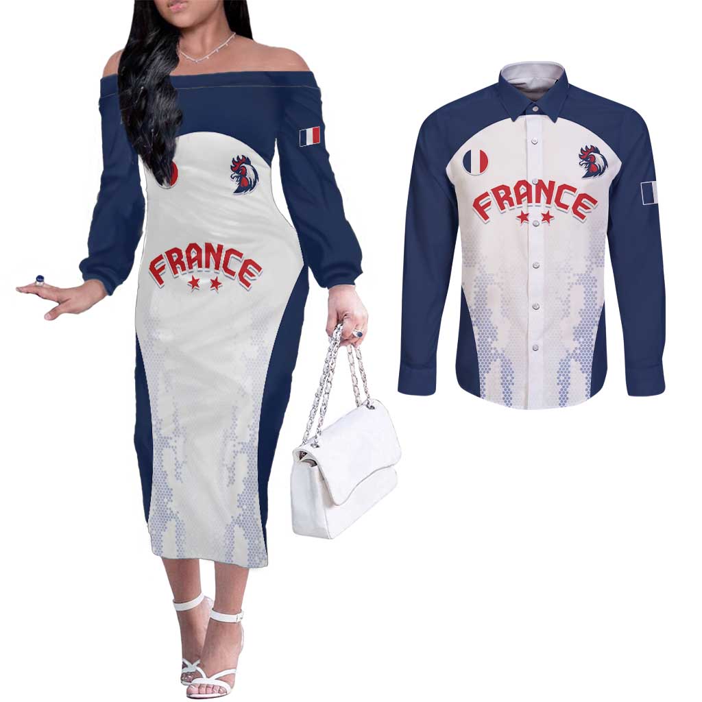 Custom France 2024 Football Couples Matching Off The Shoulder Long Sleeve Dress and Long Sleeve Button Shirt Go Champions Les Bleus