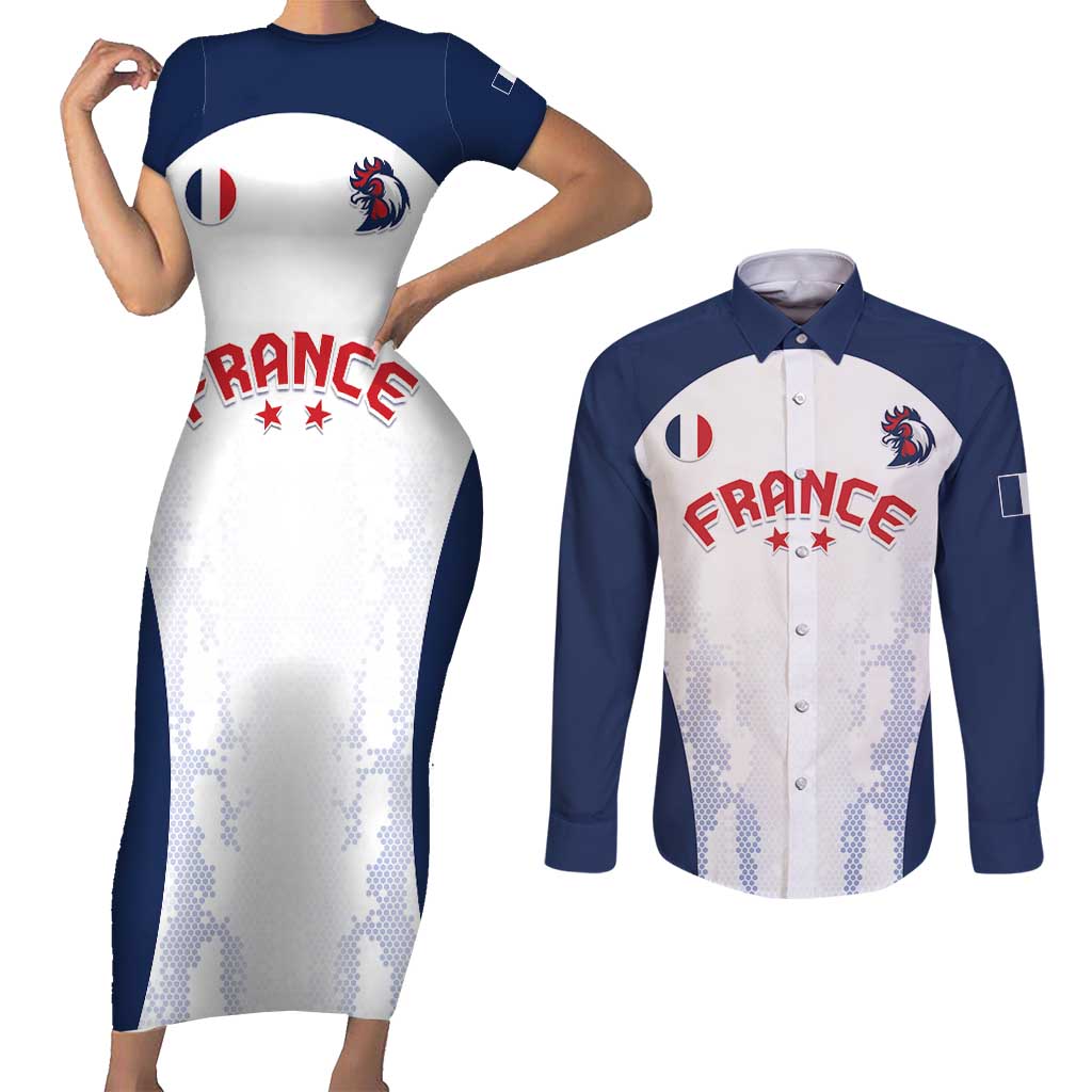 Custom France 2024 Football Couples Matching Short Sleeve Bodycon Dress and Long Sleeve Button Shirt Go Champions Les Bleus LT05 - Wonder Print Shop