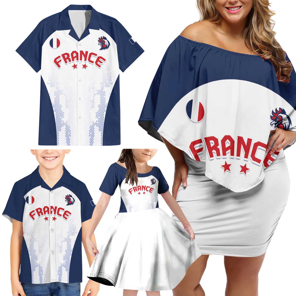 Custom France 2024 Football Family Matching Off Shoulder Short Dress and Hawaiian Shirt Go Champions Les Bleus LT05 - Wonder Print Shop