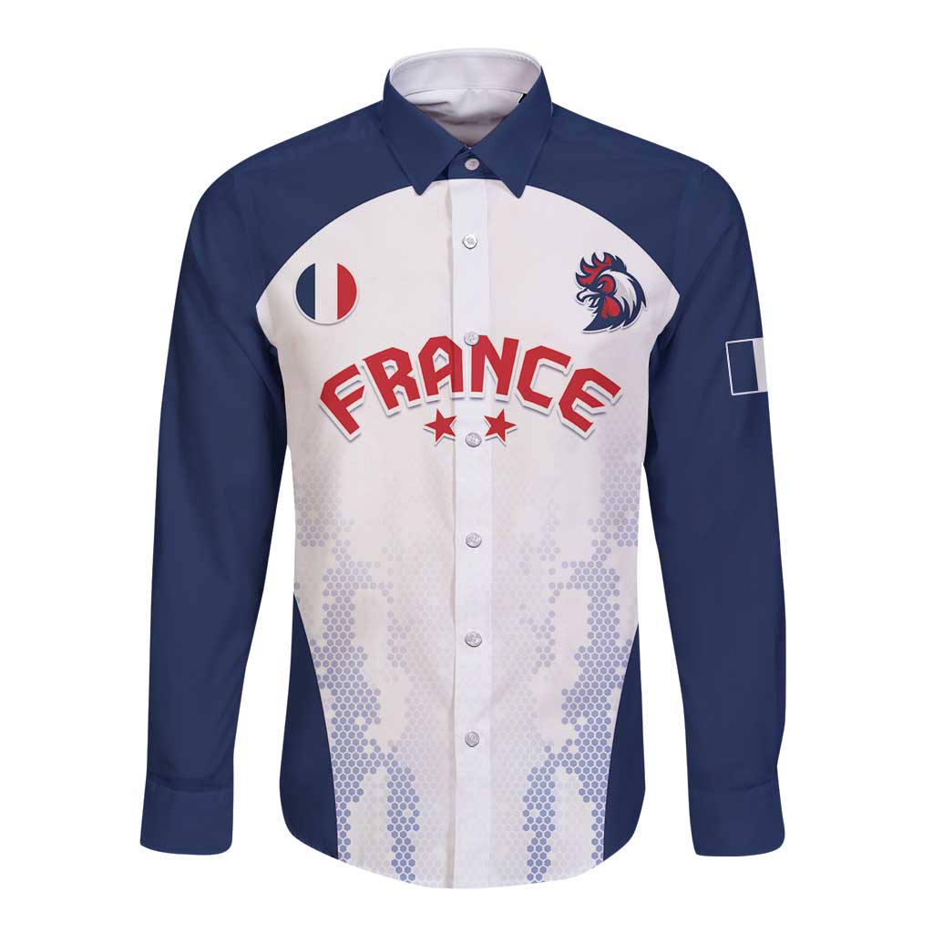 Unisex long-sleeve button football shirt with navy sleeves and white France panel