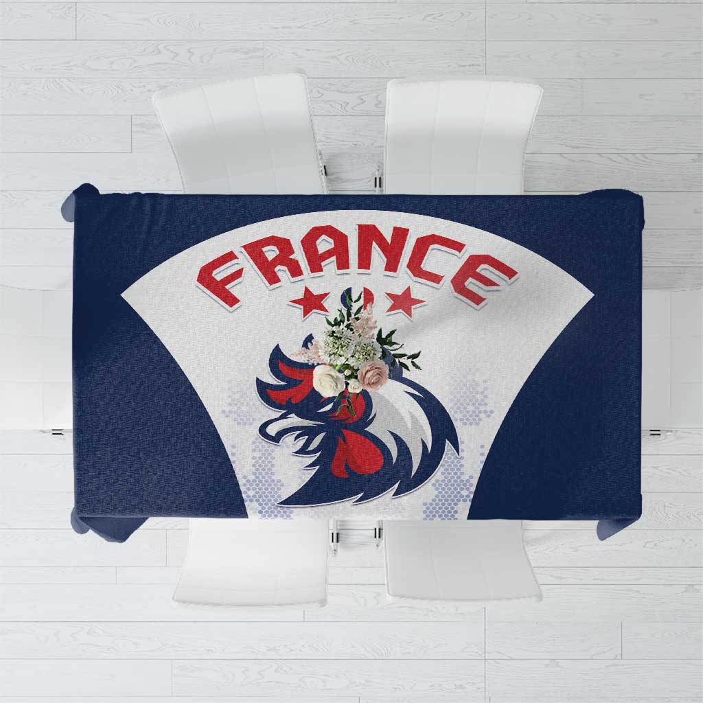 Blue tablecloth with large FRANCE logo, rooster emblem, and red-white accents