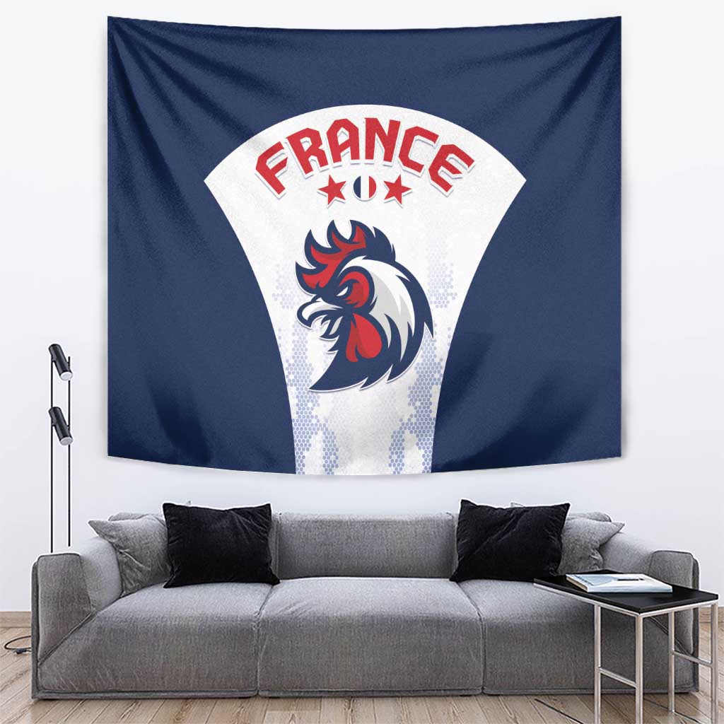 Blue France wall tapestry with FRANCE logo and rooster emblem centerpiece