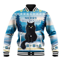 Blue unisex baseball jacket with Merry Christmas text, black cat graphic, ribbed collar