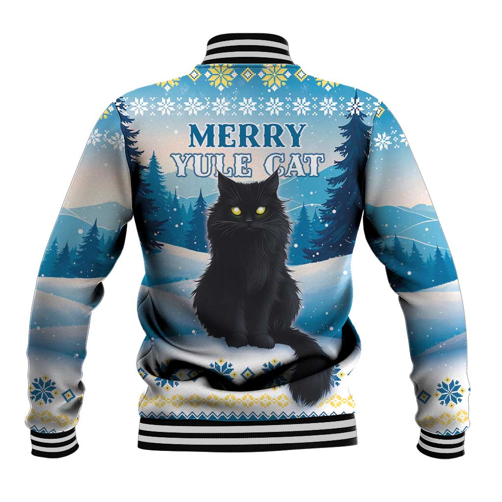 Blue unisex baseball jacket with Merry Yule Cat back print, black cat in snowy trees