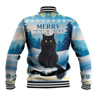 Blue unisex baseball jacket with Merry Yule Cat back print, black cat in snowy trees