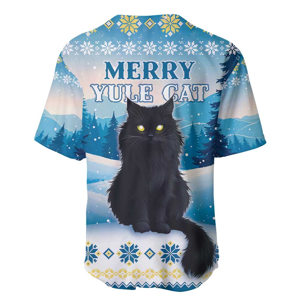 Blue baseball jersey with black cat graphic, “Merry Yule Cat” lettering, snowy pattern