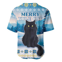 Blue baseball jersey with black cat graphic, “Merry Yule Cat” lettering, snowy pattern