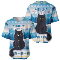 Blue baseball jersey shown front: black cat “Merry Christmas” design with snowflake border