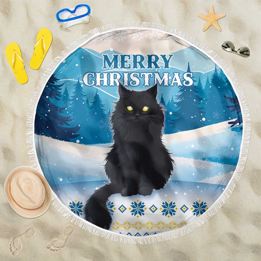Blue round Merry Christmas beach blanket with black cat illustration and fringe border