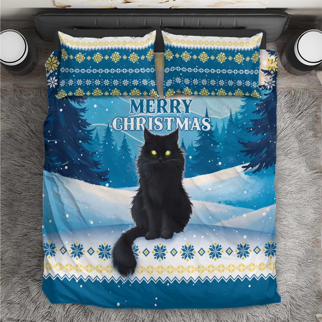 Blue cat holiday bedding set with duvet cover, two pillowcases, and Merry Christmas text