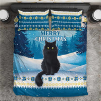 Blue cat holiday bedding set with duvet cover, two pillowcases, and Merry Christmas text