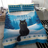 Blue Christmas bedding set with duvet cover and two pillowcases, black cat under Merry Christmas