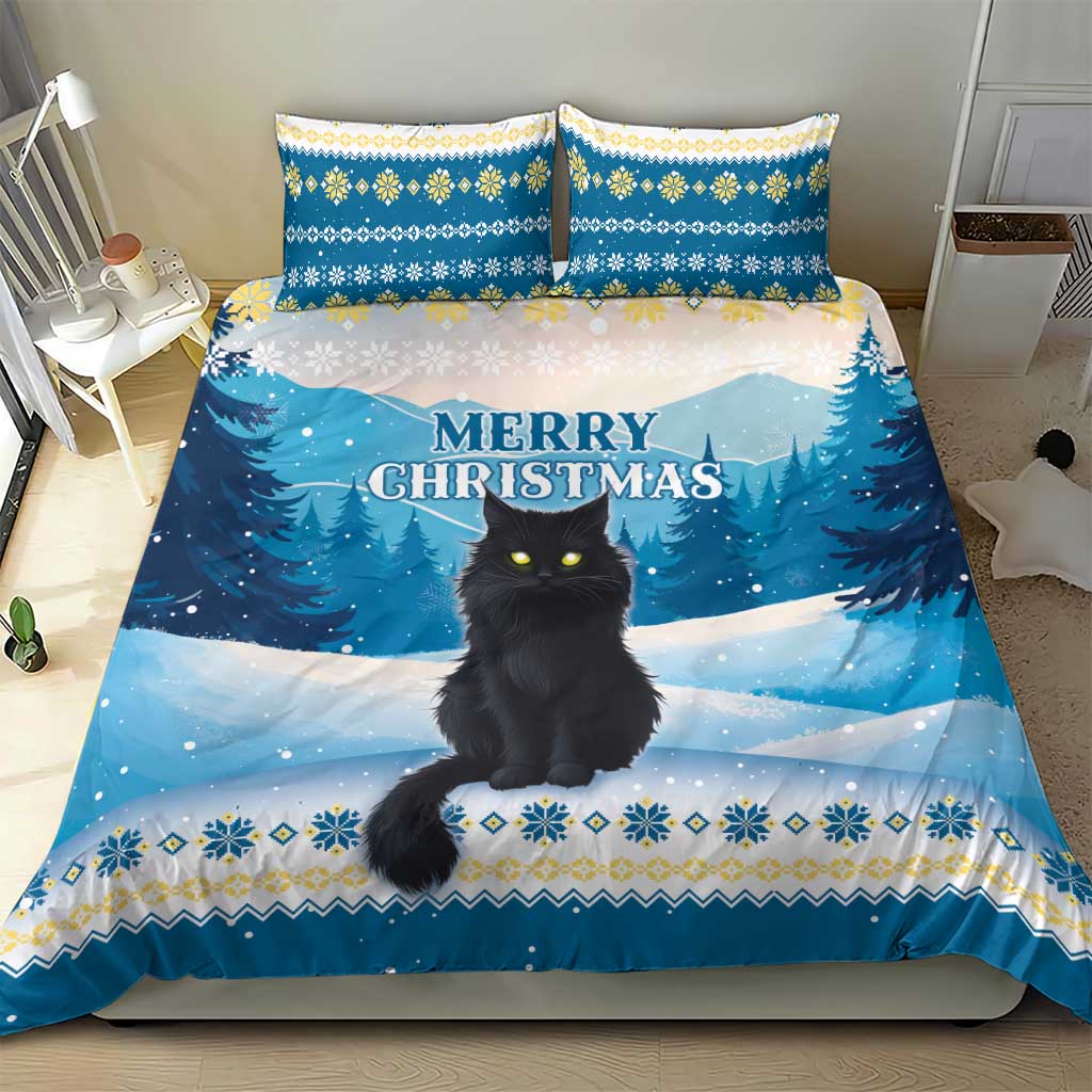 Blue holiday cat bedding set with duvet cover, two pillowcases, and Merry Christmas lettering