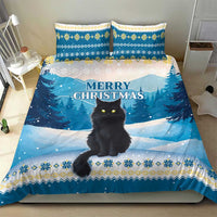 Blue holiday cat bedding set with duvet cover, two pillowcases, and Merry Christmas lettering