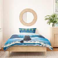 Blue cat holiday duvet cover and pillow set with snowy forest and Merry Christmas text