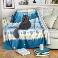 Blue cat Christmas throw blanket, 'MERRY CHRISTMAS' text over snowy tree scene