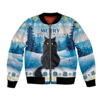 Blue unisex bomber jacket with cat graphic, snow trees, Merry Christmas text