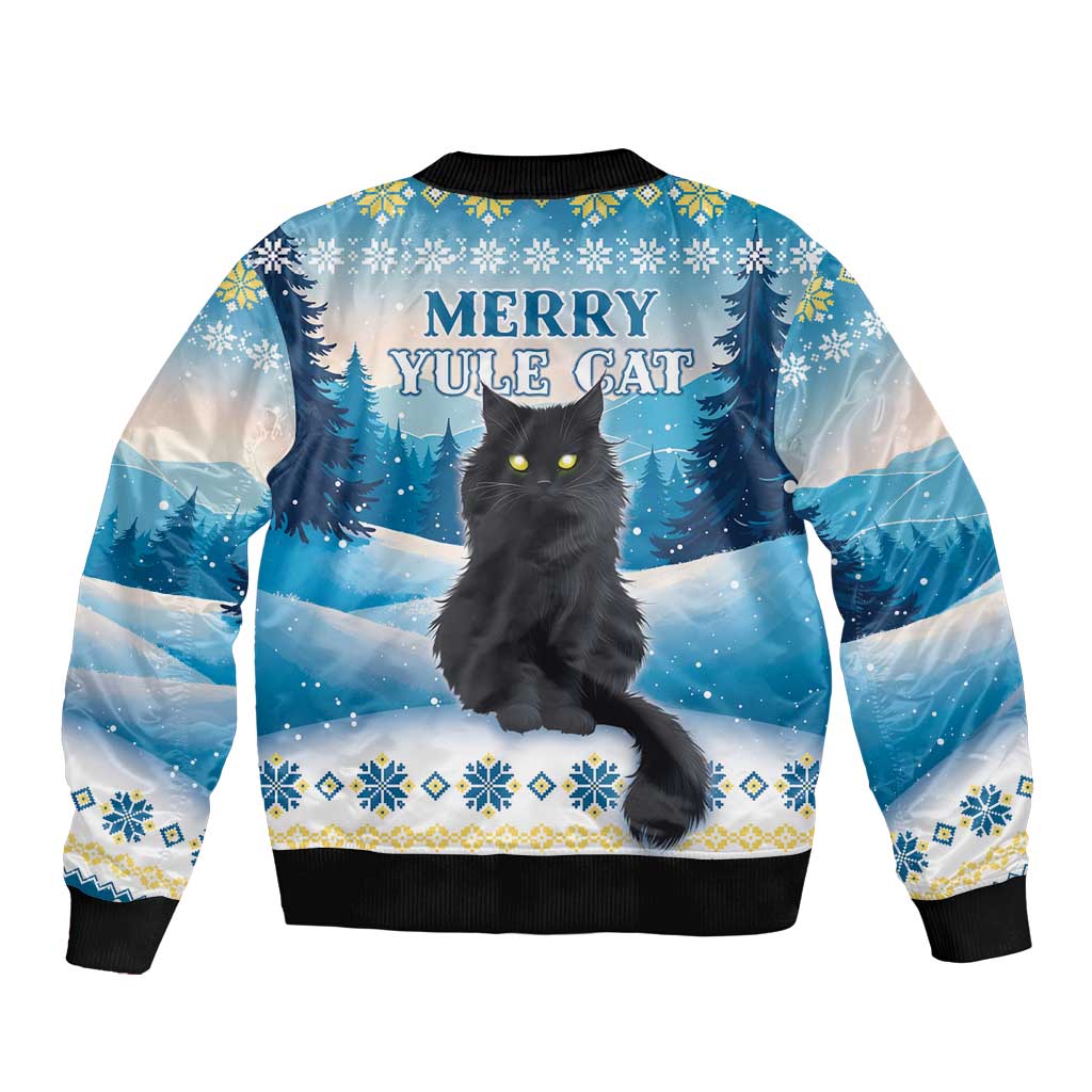Blue unisex bomber jacket with large black cat, Yule Cat text, winter scenery