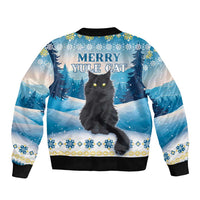 Blue unisex bomber jacket with large black cat, Yule Cat text, winter scenery