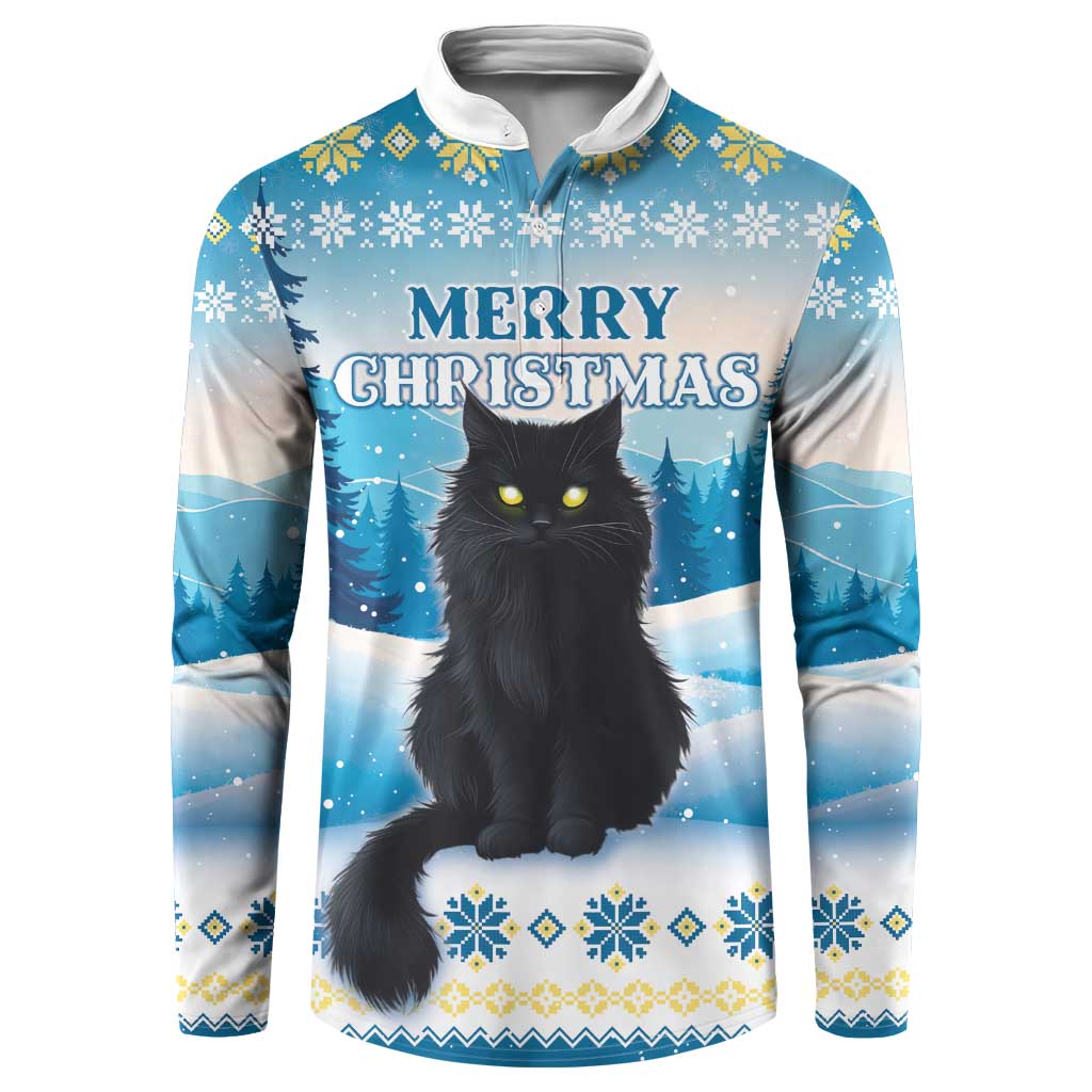 Blue festive sweatshirt with black cat and 'Merry Christmas' graphic, button placket