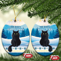 Blue oval ceramic cat Christmas ornaments with “Merry Christmas” text and gold hanging loops