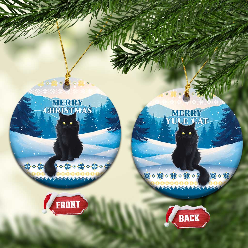 Blue round ceramic cat Christmas ornament with “Merry Christmas” text and hanging loop