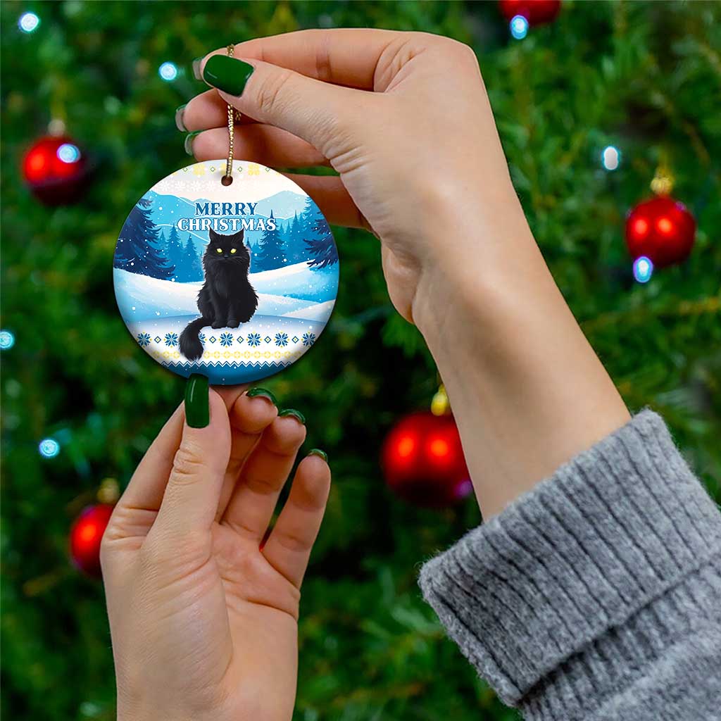 Blue round ceramic cat Christmas ornament with “Merry Christmas” and gold hanging loop