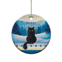 Blue round ceramic cat Christmas ornament featuring “Merry Christmas” and gold hanger loop