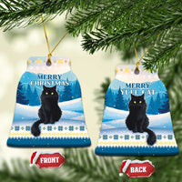 Blue round and bell-shaped ceramic cat ornaments with “Merry Christmas” and “Yule Cat” text