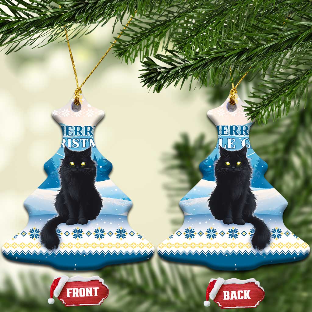 Blue bell-shaped ceramic cat ornament with “Merry Yule Cat” text and gold hanging loop