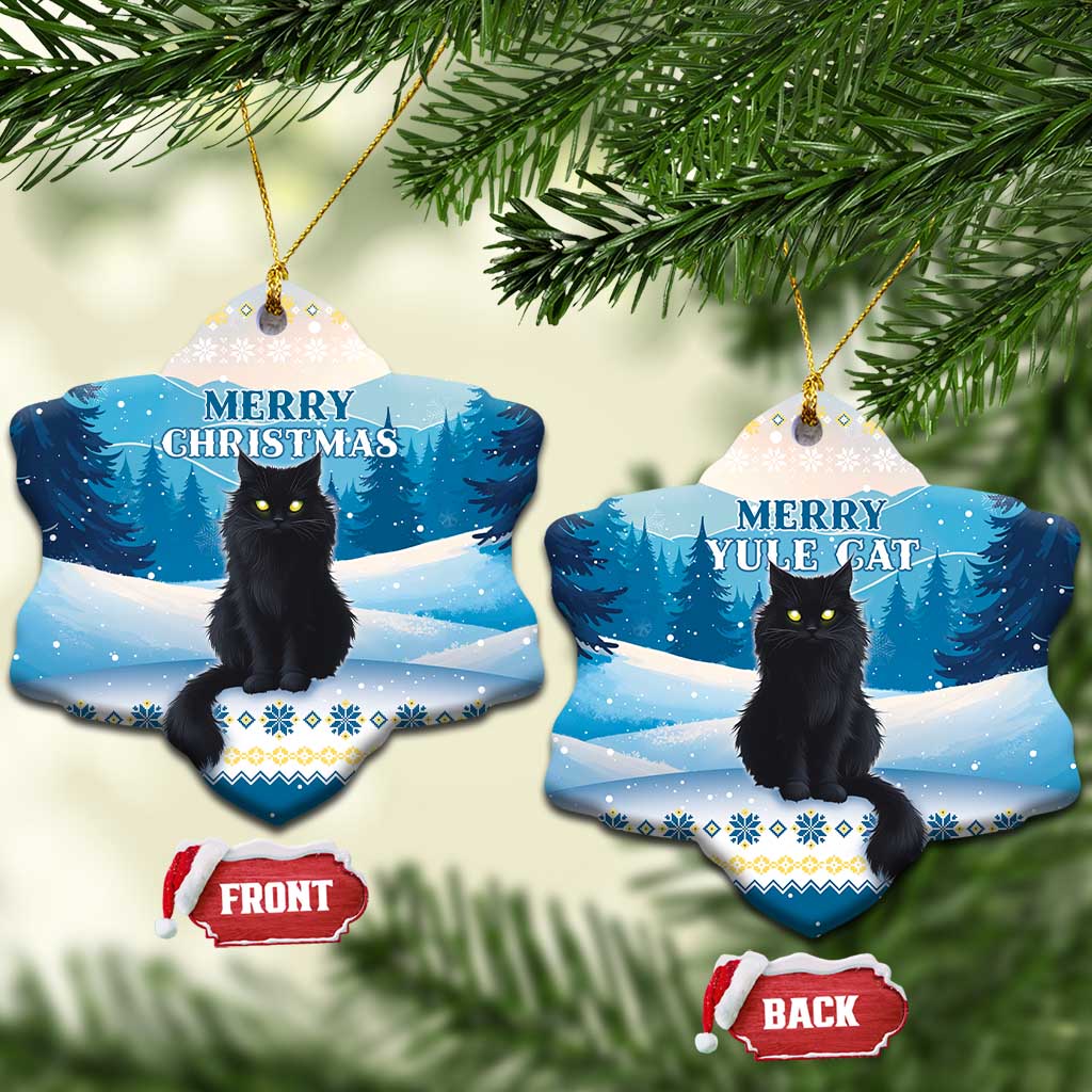 Blue heart-shaped ceramic cat ornament set with “Merry Christmas” and “Merry Yule Cat”