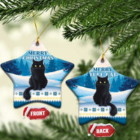 Blue star-shaped ceramic cat ornaments with “Merry Christmas” and “Merry Yule Cat” text