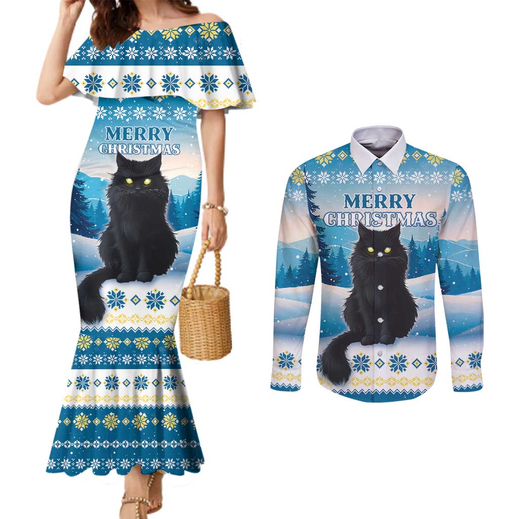 Merry Christmas Yule Cat Couples Matching Mermaid Dress and Long Sleeve Button Shirt Icelandic Folklore Jolakotturinn