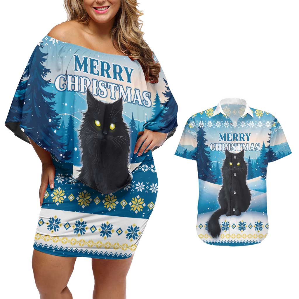 Merry Christmas Yule Cat Couples Matching Off Shoulder Short Dress and Hawaiian Shirt Icelandic Folklore Jolakotturinn LT05 - Wonder Print Shop