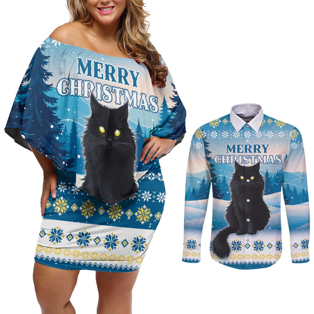 Merry Christmas Yule Cat Couples Matching Off Shoulder Short Dress and Long Sleeve Button Shirt Icelandic Folklore Jolakotturinn LT05 - Wonder Print Shop