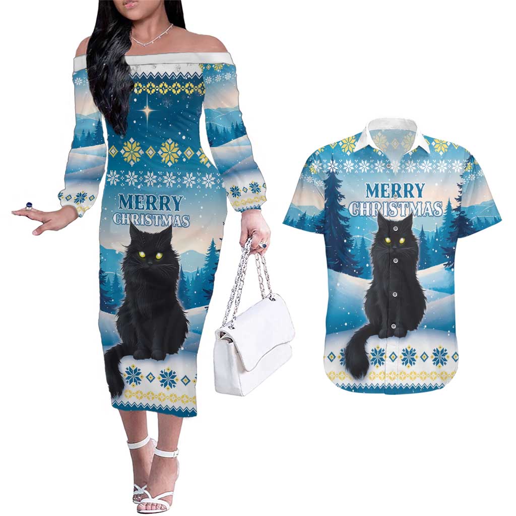 Merry Christmas Yule Cat Couples Matching Off The Shoulder Long Sleeve Dress and Hawaiian Shirt Icelandic Folklore Jolakotturinn LT05 - Wonder Print Shop