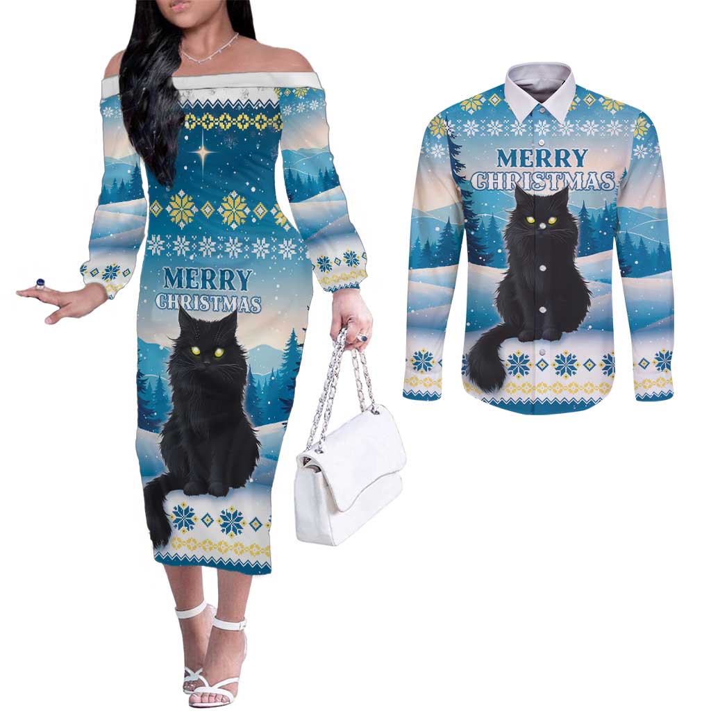 Merry Christmas Yule Cat Couples Matching Off The Shoulder Long Sleeve Dress and Long Sleeve Button Shirt Icelandic Folklore Jolakotturinn