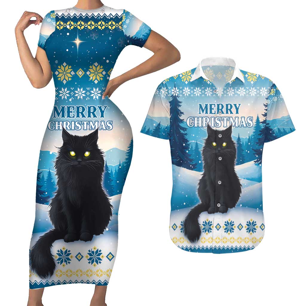 Merry Christmas Yule Cat Couples Matching Short Sleeve Bodycon Dress and Hawaiian Shirt Icelandic Folklore Jolakotturinn LT05 - Wonder Print Shop