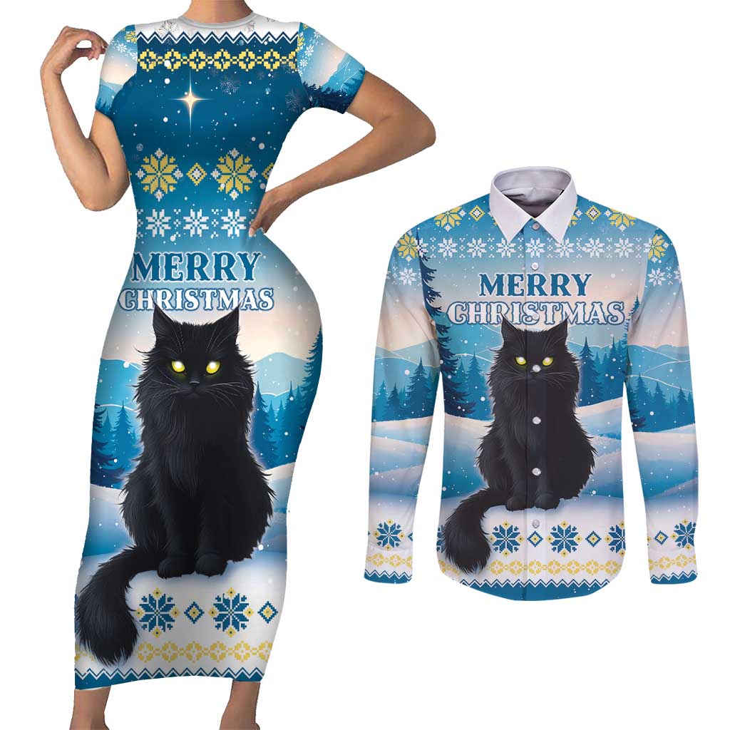 Merry Christmas Yule Cat Couples Matching Short Sleeve Bodycon Dress and Long Sleeve Button Shirt Icelandic Folklore Jolakotturinn LT05 - Wonder Print Shop