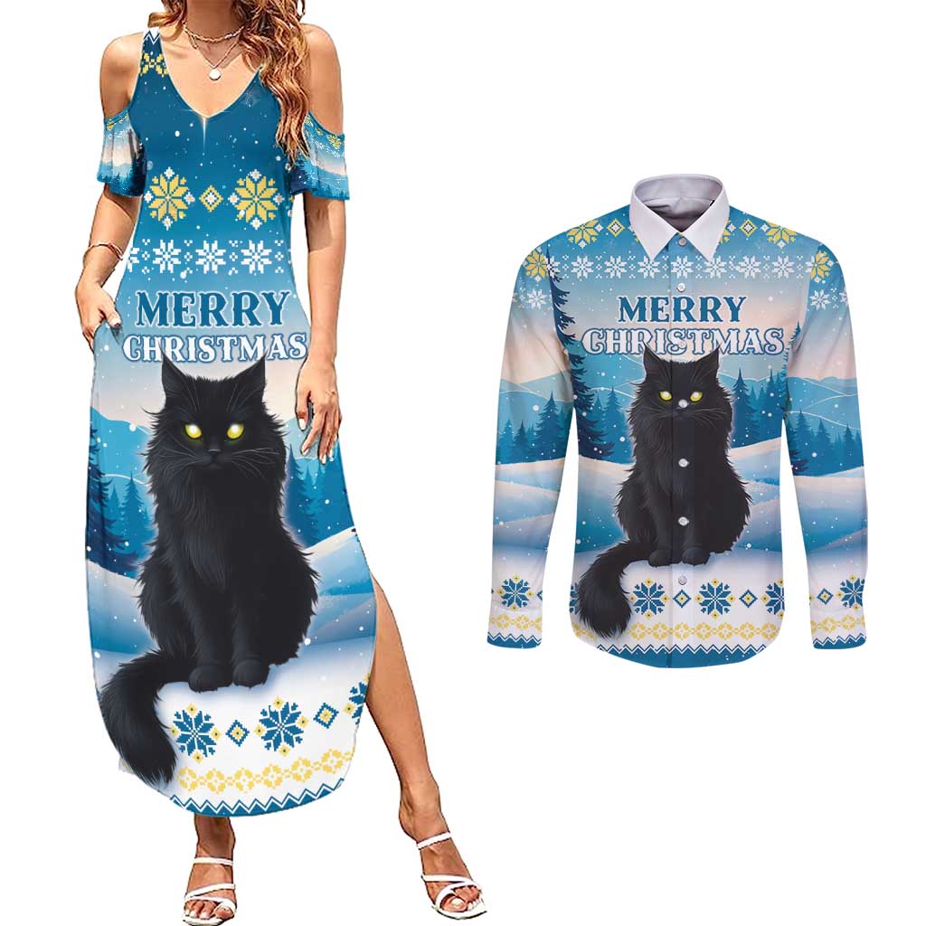 Merry Christmas Yule Cat Couples Matching Summer Maxi Dress and Long Sleeve Button Shirt Icelandic Folklore Jolakotturinn LT05 - Wonder Print Shop